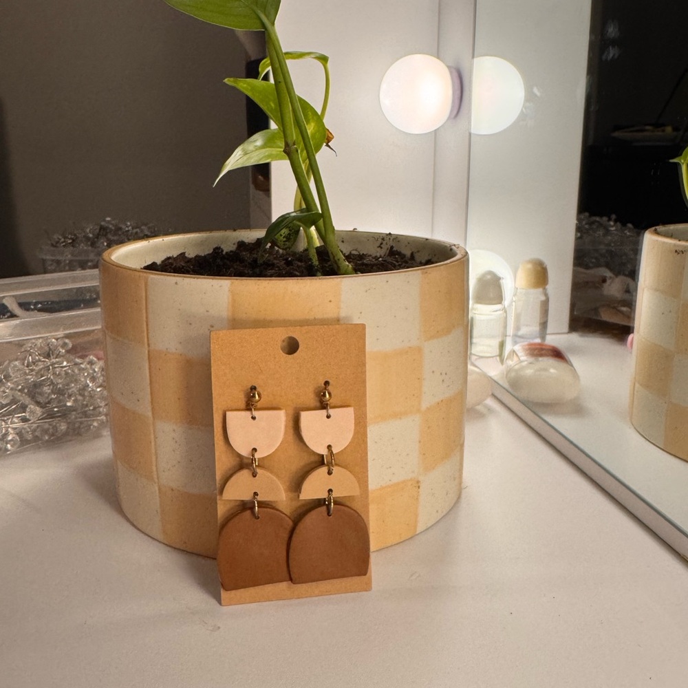 Handmade Neutral Geometric Layered Earrings - Beige & Tan